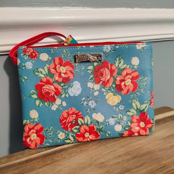 🌺 2022 New Pioneer Woman Vintage Floral Teal Blue & Red Cosmetic Bag - Picture 1 of 4